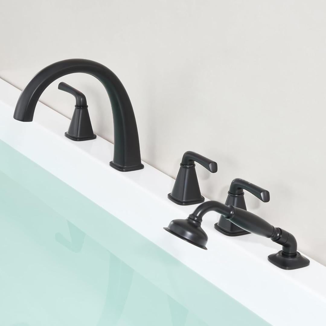 New Roman Tub Faucet with Sprayer, Bathtub Faucet Set Deck Mount, Brass 5 Hole Bath Tub Faucet Set High Flow, with 3 Handle with Valve Diverter with Hoses, 24-32in Widespread Classic Matte Black
