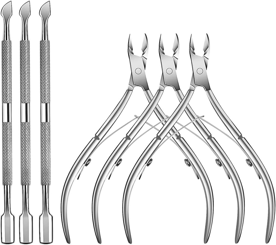 6 Packs Cuticle Trimmer with Pusher - Professional Stainless Steel Cuticle Nippers Cutter Clippers and Cuticle Remover Manicure Tools for Fingernails Toenails (Silver)