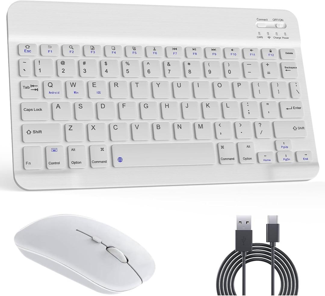 Bluetooth Keyboard & Mouse Combo, QWERTY Layout, 10 inch Ultra-Slim Wireless Keyboard, Lag-Free, Silent Keyboard Compatible with iPhone iPad Computer Tablet Keyboard (White)