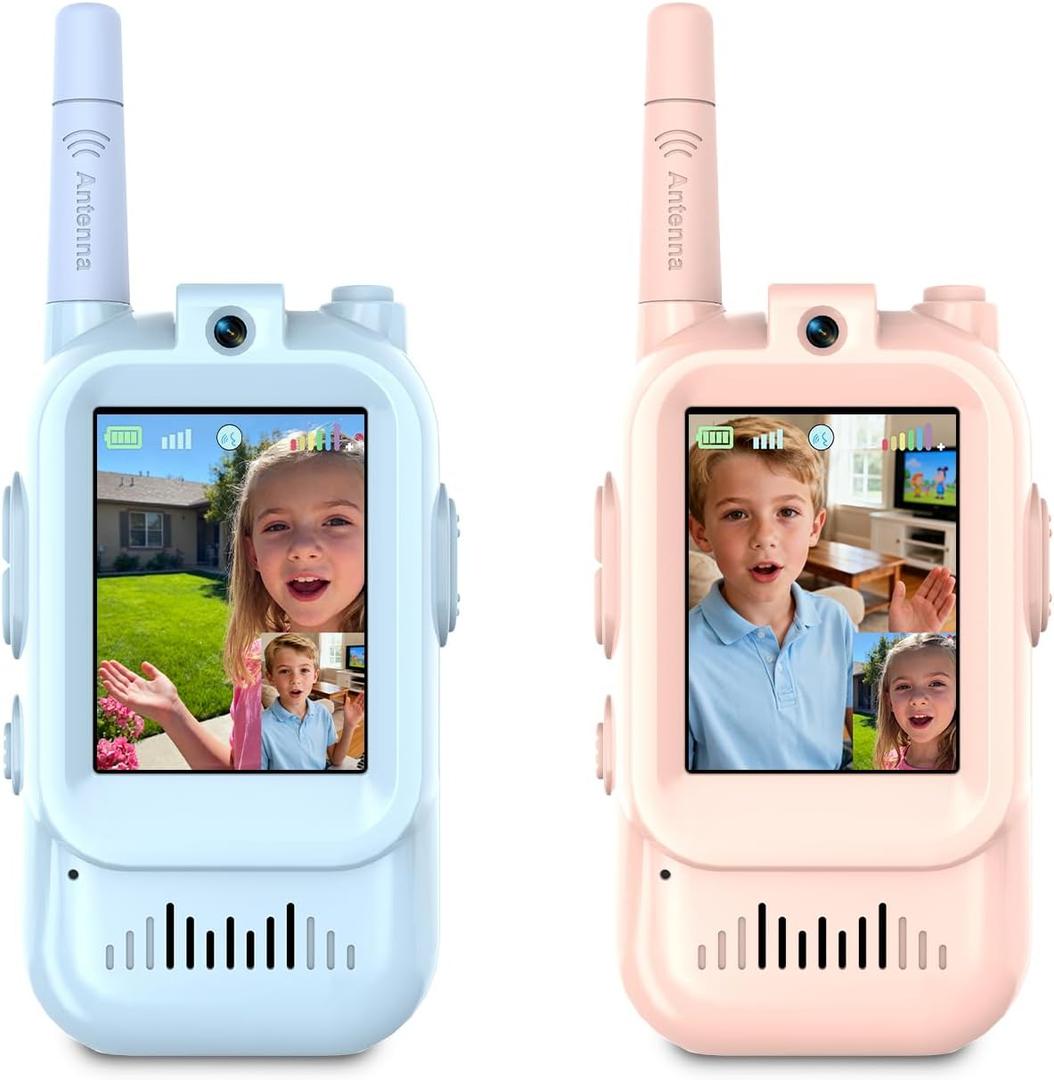 Video Walkie Talkies for Kids, 2 Pack Rechargeable Kids Walkie Talkies, Screen Display and Voice Changer, Indoor Outdoor for Boys and Girls, Age 3-12 (Blue & Pink)