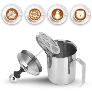 Milk Frother, 400ml/14oz Stainless Steel Pitcher Jug Manual Creamer Frother Cup Hand Pump Milk Foam Maker With Double Mesh Lid for Latte Cappuccino Coffee Cream Frothing