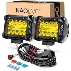 NAOEVO 4 Inch LED Pod Lights, Spot Flood Yellow LED Fog/Driving/Off Road Lights with 2 Leads Wiring Harness, Cube Pods for Truck Boat ATV UTV, 2 Pcs (Yellow)