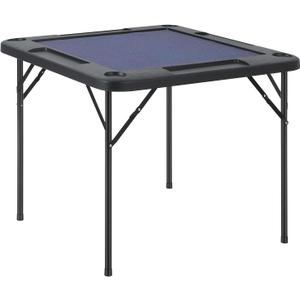 IDEALHOUSE 39.5 in Mahjong Table, Square Folding Card Table with Felt Blue Surface and Cup Holders, 4 Player Game Desk with Chip Trays Domino, Poker, Jigsaw Puzzles, 39.4in