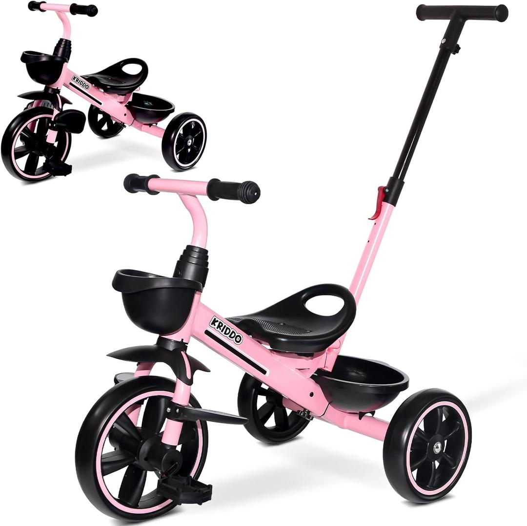 KRIDDO 2-in-1 Toddler Tricycle for Ages 18 Months to 5 Years Old - Extended Push Handle for Effortless Push, Gift Trike for Toddler 3 to 5 Year, Kids Tricycle with Foldable Front Footrest, Pink