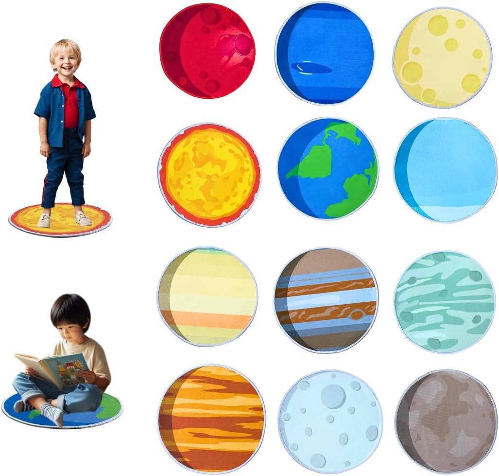 Non-Slip 12Pcs 16'' Solar System Carpet Circle Seats for Classroom|Kids Round Floor Mats|Circle Time Learning Playing Area Carpet Squares Seating|Elementary School Preschool Day Care|