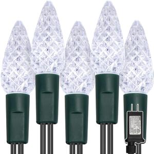 WATERGLIDE C6 Christmas Lights, 33ft 100 LED Faceted String Lights Green Wire Fairy Lights with 29V Safe Adaptor, 8 Lighting Mode, Waterproof for Indoor Outdoor Patio Xmas Tree Party Decor, Cool White