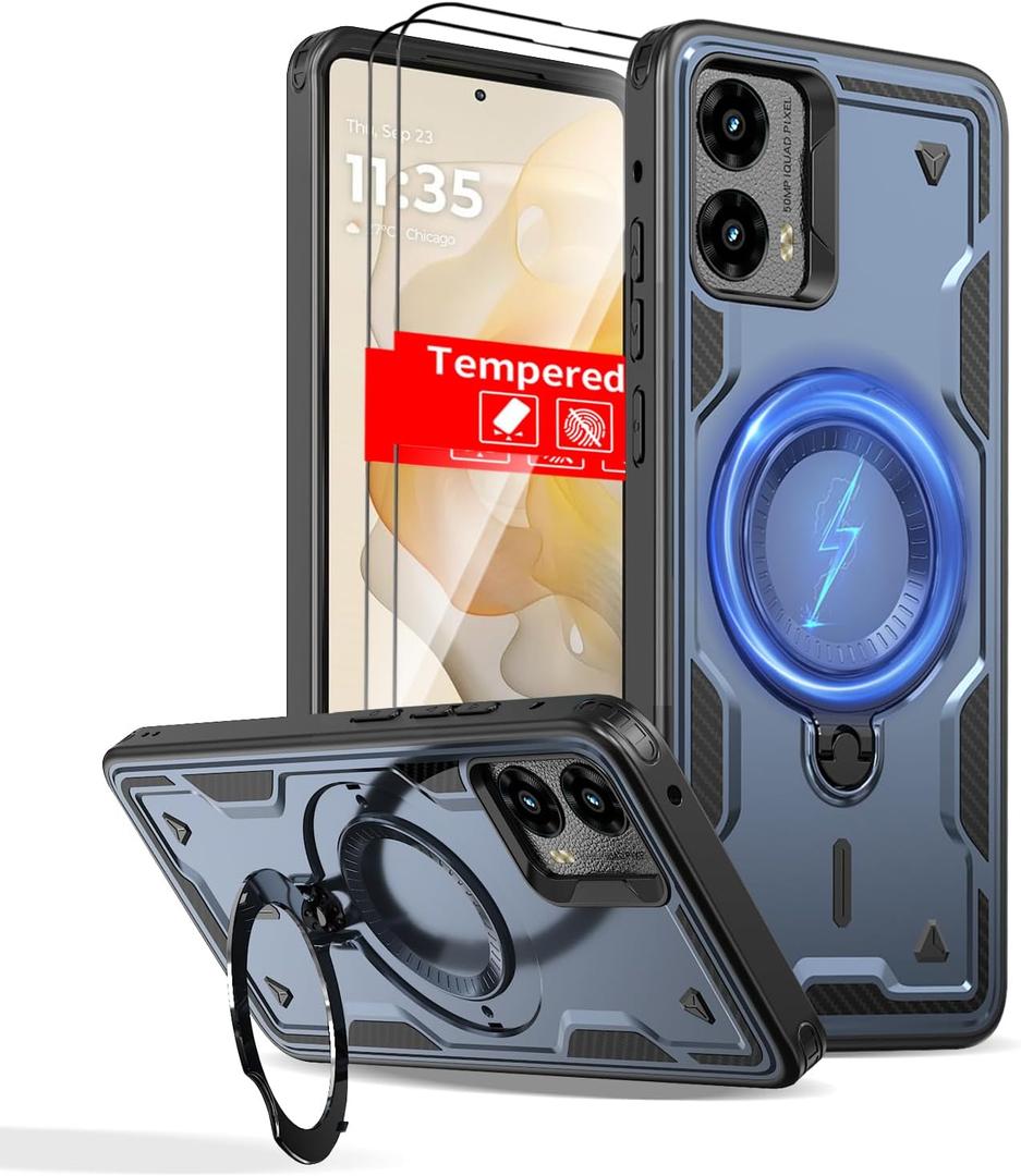 For Motorola Moto G Stylus 2024 Case Magnetic Compatible with MagSafe,with2 Screen Protector,with Kickstand Phone Heavy Duty Protection Military Grade Rugged Shockproof Scratch Resistant Blue