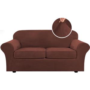 H.VERSAILTEX Real Velvet Plush 3 Piece Stretch Sofa Covers Couch Covers for 2 Cushion Couch Sofa Slipcovers Width Up to 90 Inch Feature Thick Soft Stay in Place (Sofa, Burnt Brick)
