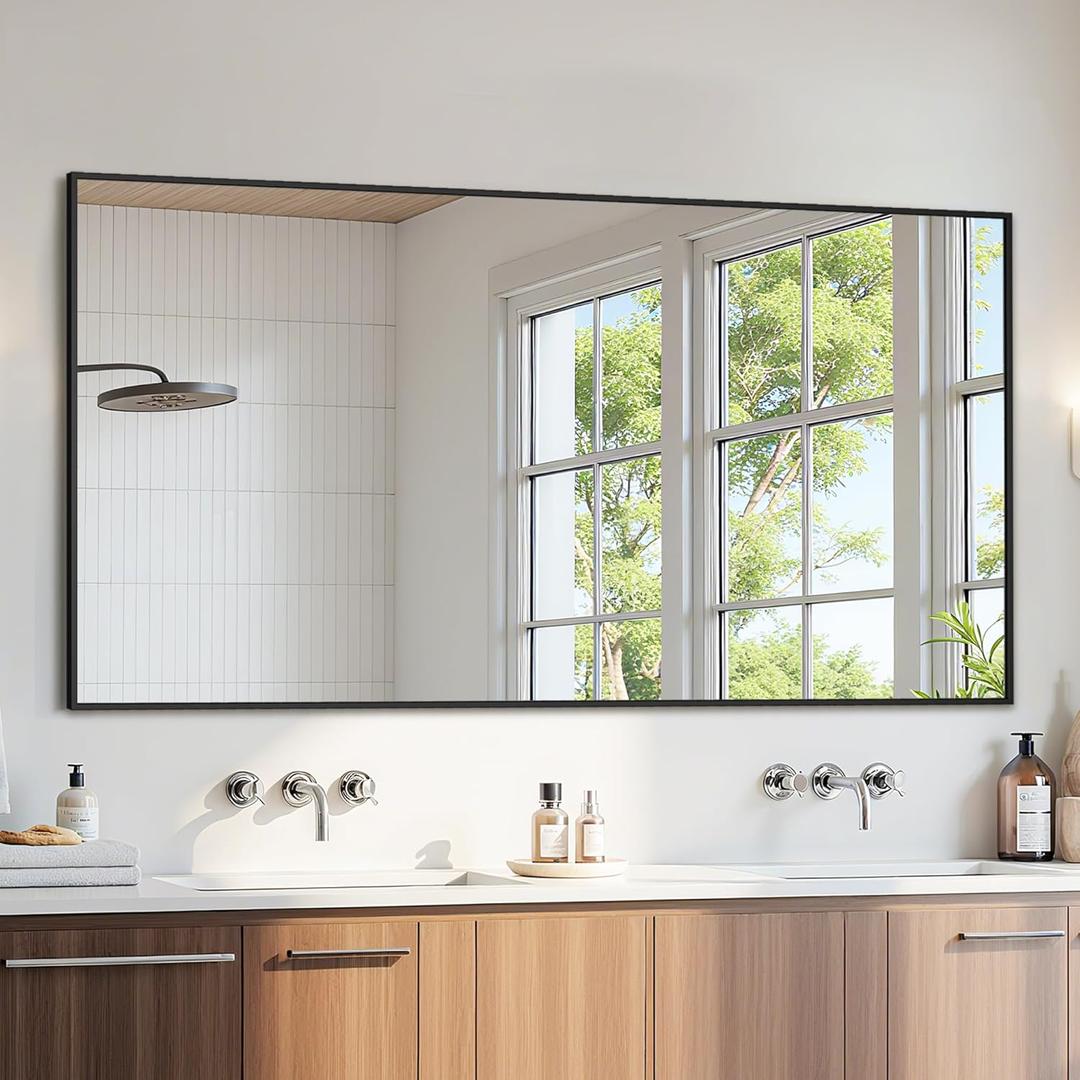 Bathroom Mirror 48" x 24", Large Rectangle Wall Mirror, Black Metal Frame Wall Mounted Mirrors for Bathroom, Vanity, Bedroom, Entryway Decor(Horizontal/Vertical)