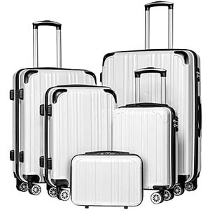 Coolife Luggage Expandable 5 Piece Sets PC+ABS Spinner Suitcase 20 inch 24 inch 28 inch (white grid new)