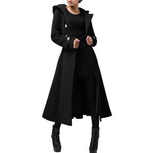 Cicy Bell Womens Long Double-Breasted Hooded Coat Winter Warm Wool Trench Coat with Belts (X-Large, Black)