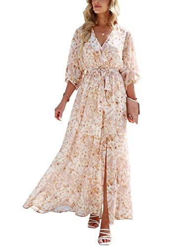ANRABESS Women’s Summer Loose Boho Flowy Wrap V Neck 3/4 Sleeve Floral Print Slit Beach Wedding Guest Long Maxi Dresses Floral Yellow White XX-Large