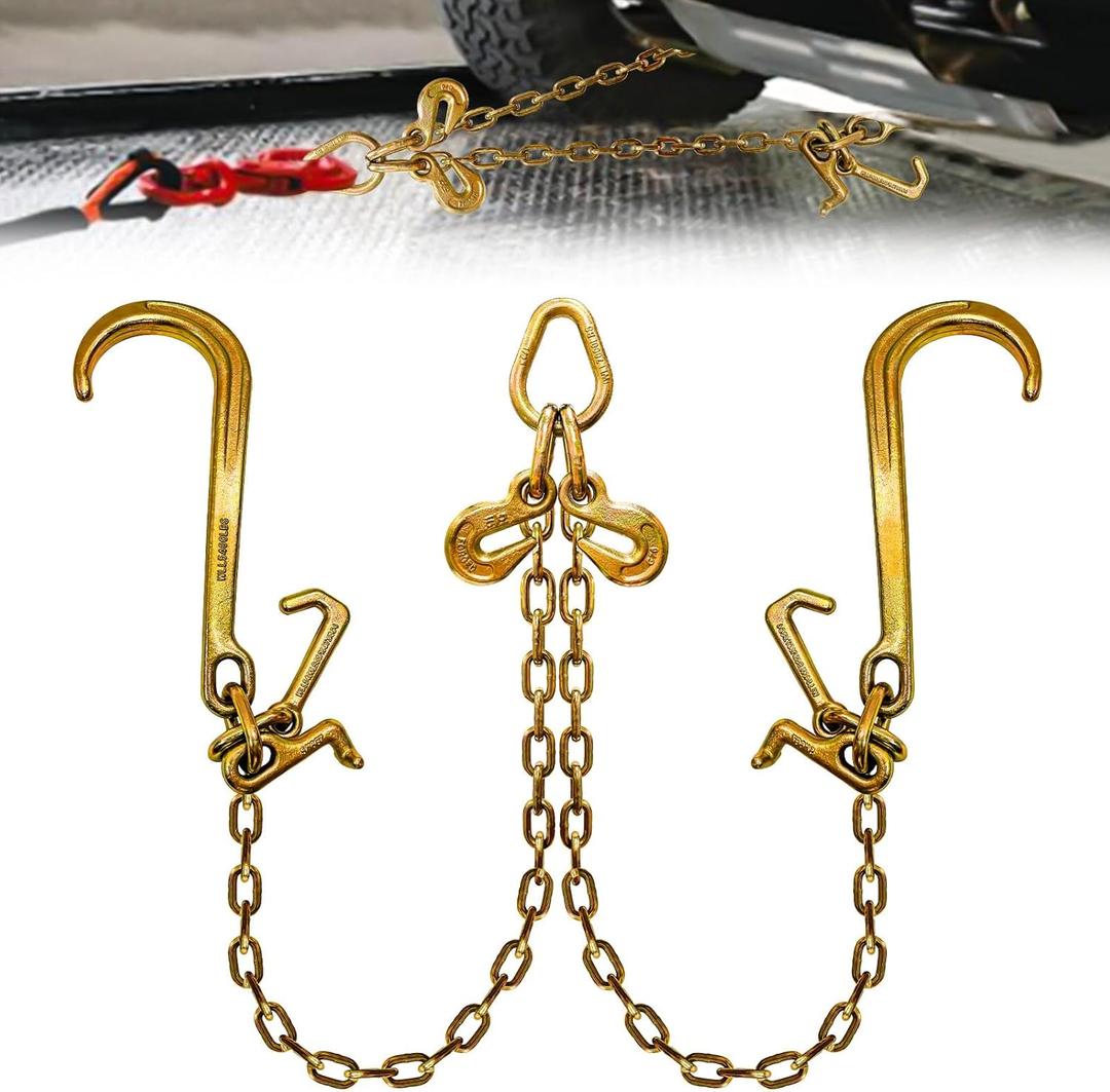 G80 V Bridle Chain 5/16"  3 Ft Bridle Transport Chain with 15 In J Hooks and Grab Hooks Towing Chain Link Bridle with T-J Hook 5400 Lbs Working Load Limit Car Trailer Accessories for Flatbed