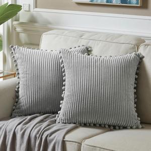 Fancy Homi Pack of 2 Blush Pink Decorative Throw Pillow Covers with Pom-poms, Soft Corduroy Solid Square Cushion Cases Set for Couch Sofa Bedroom Car Living Room (16x16 Inch/40x40 cm (16" x 16" (Pack of 2))