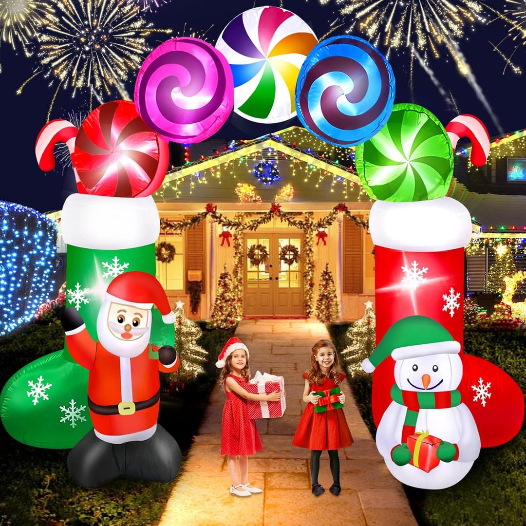 Hazms 7.8FT Christmas Inflatable Archway, Santa & Snowman Standing with Candy Arch Inflatable Christmas Blows up Yard Decoration with Built-in LED Lights for Holiday, Lawn, Party, Yard