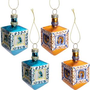 4 Pcs Hanukkah Glass Blown Ornaments, Glass Jewish Dreidel Ornament, Hanukkah Hanging Tree Ornaments for Chanukah Christmas Home Party Decoration