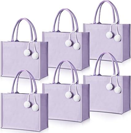 Paterr 6 Pack Personalized Valentines Day Canvas Tote Bags with Pom Poms Blank Reusable Valentines Bag with Handles for Gifts (Light Purple, White)