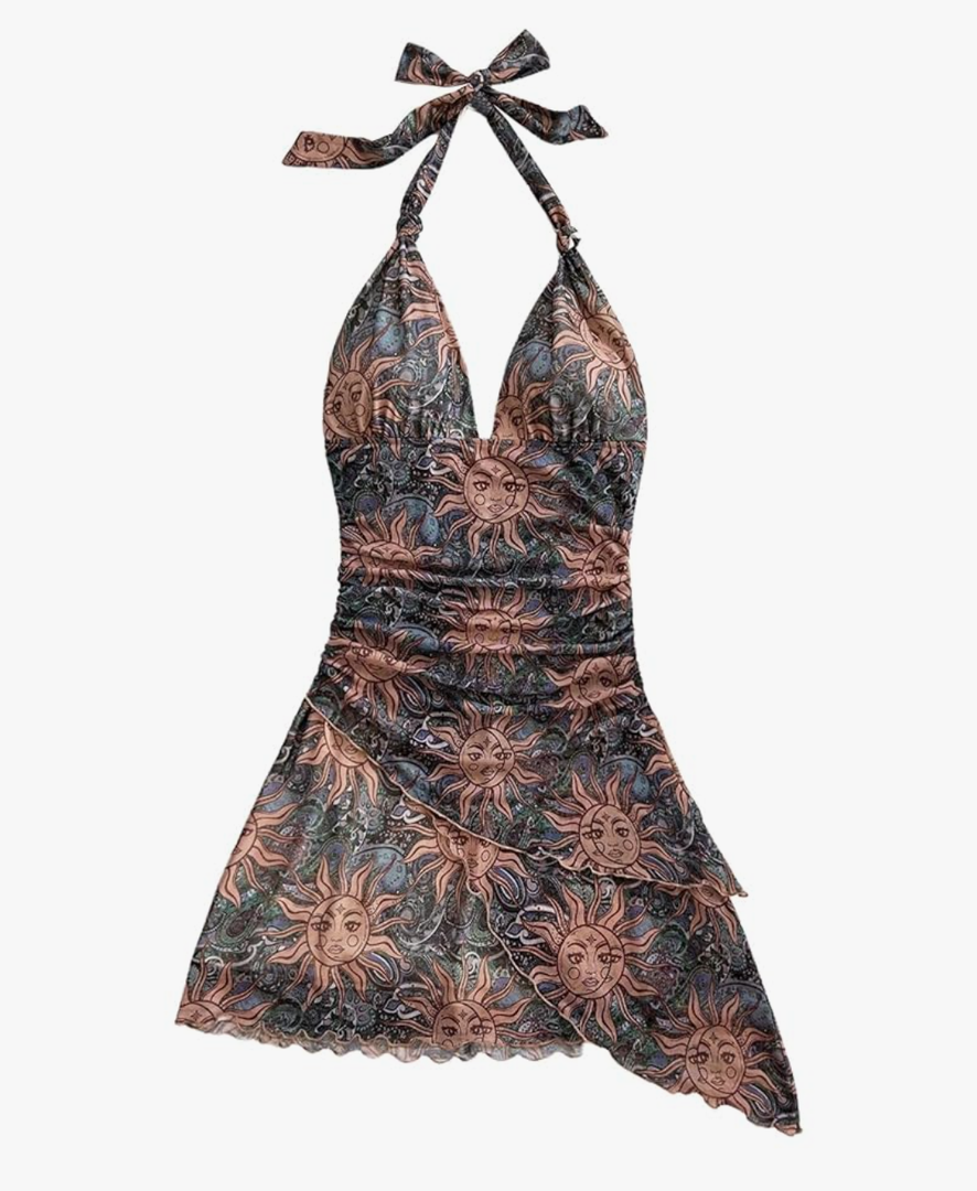 Women's Floral Print Sleeveless Halter Deep V Tie Mini Dress Ruched Backless Slim Fit Cami Dresses Knot Boho Dress