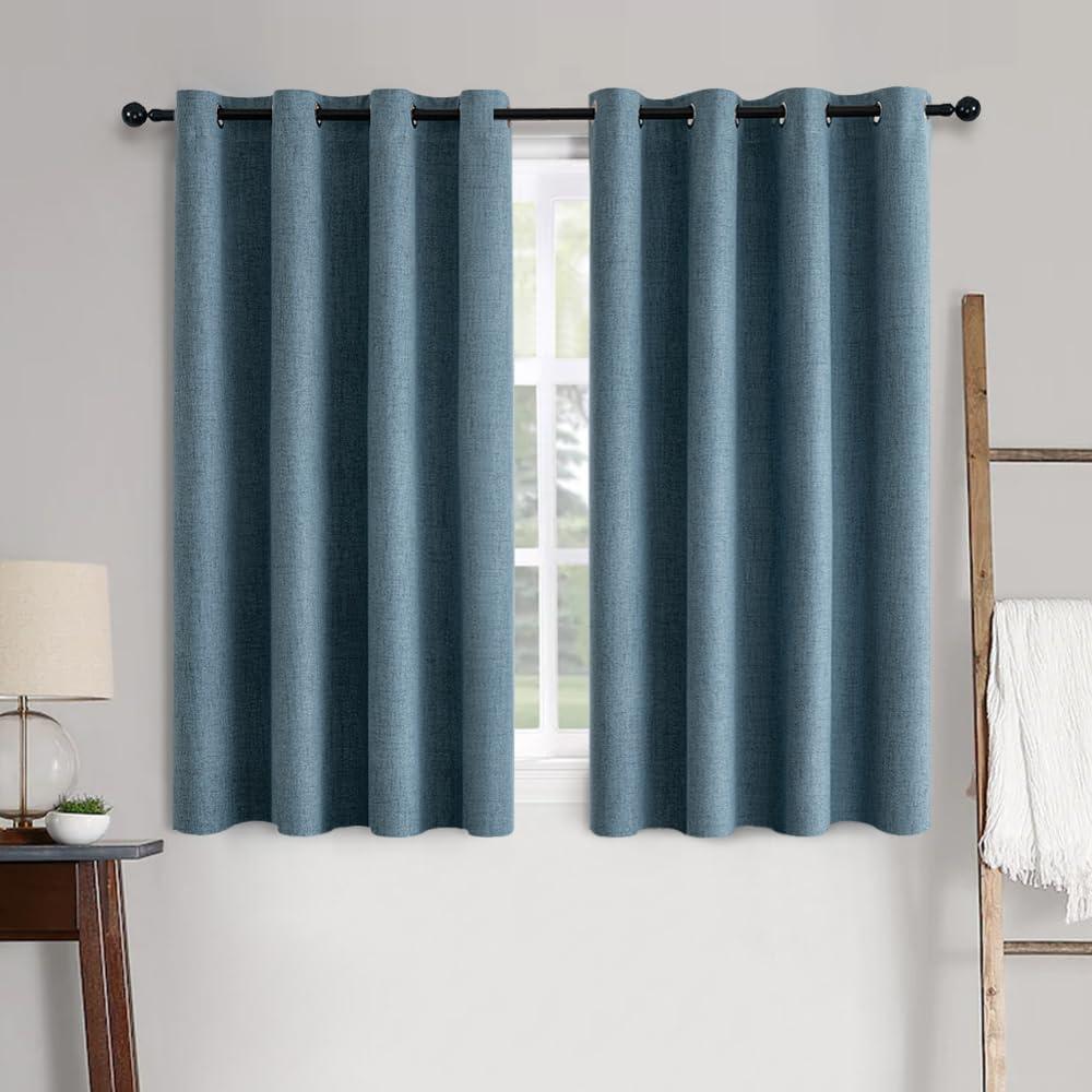 MIULEE Linen Texture Curtains for Bedroom Solid 100% Blackout Thermal Insulated Dusty Blue Curtains Grommet Room Darkening Drapes Luxury Decor for Living Room Nursery 52x63 Inch (2 Panels)
