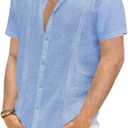 JEKAOYI Mens Casual Linen Button Down Short Sleeve Shirts Beach Summer Spread Collar Pocket Tops (Blue, L)