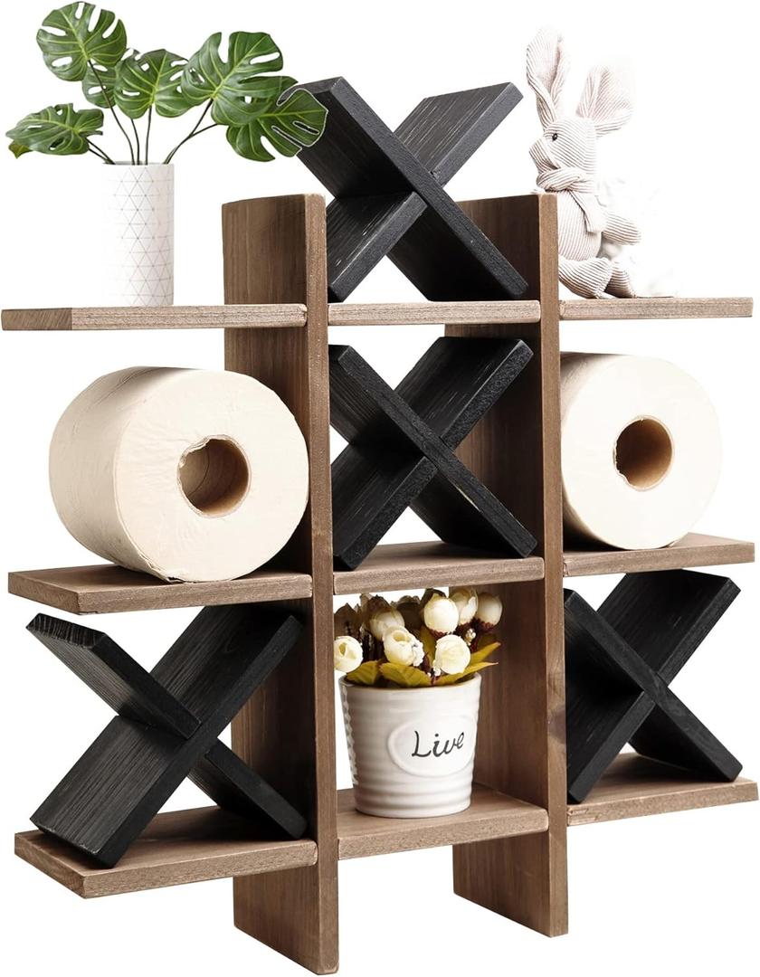 GENMOUS Handmade Tic Tac Toe Toilet Paper Holder Stand with 4pcs Wooden X, Funny Wall Mounted Toilet Papers Storage with Shelf, Farmhouse Paper Roll Storage for Guest Bathroom or Toilet Dcor (Brown, Black)