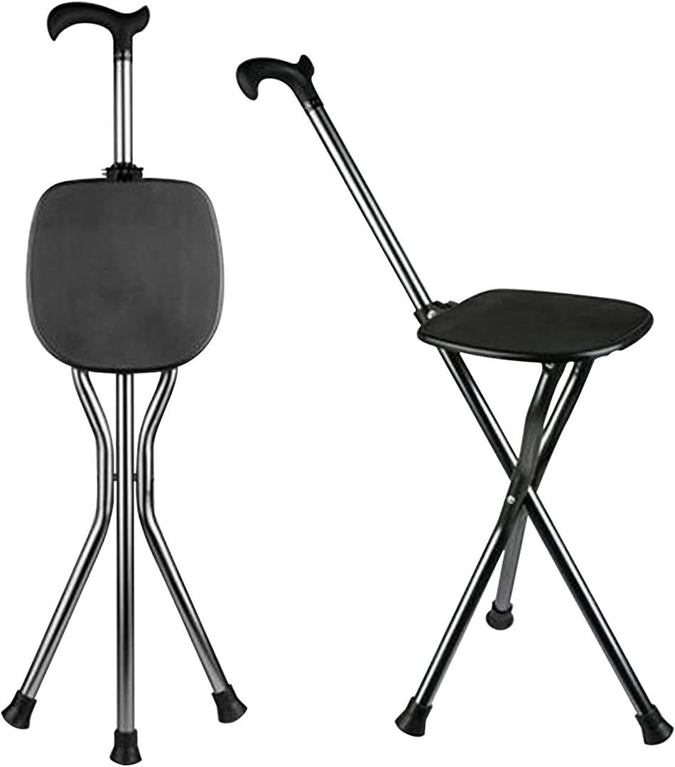 Hold 440 lbs Folding Canes with Seat Walking Stick Height Adjustment Cane Seat Capacity Frosted Handle with Magnetic Therapy Stone Crutches Stool (Square Black)