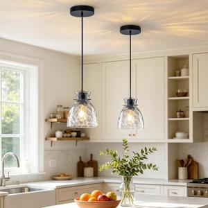 6" Mini Hammered Glass Black Pendant Lights Kitchen Island Lighting 2 Pack, D5.9"