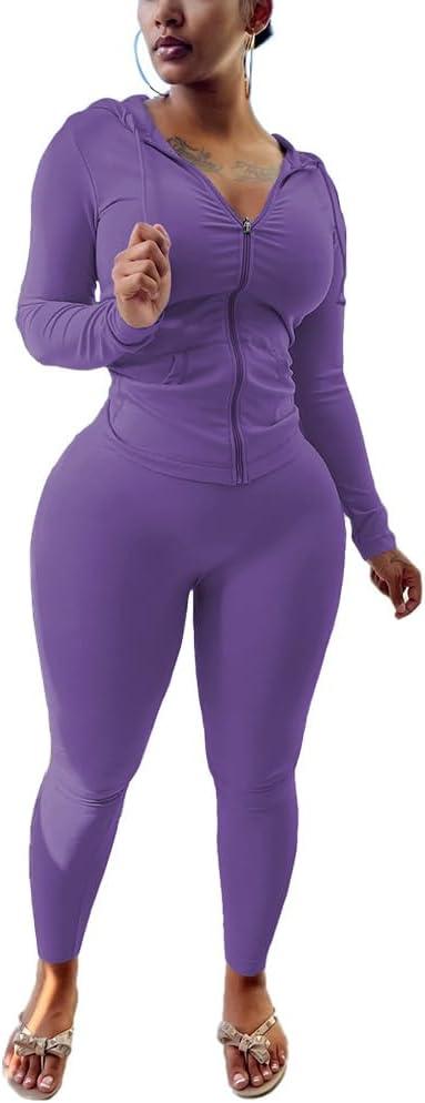 Nimsruc Two Piece Outfits For Women Long Sleeve Bodycon Tracksuit Casual Sweatsuits Jogger Sets Purple Small