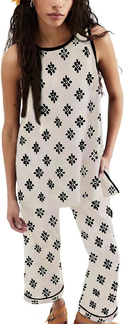 SCUSTY Women's 2 Piece Set Printed Lounge Matching Set Sleeveless Top & Long Pants Casual Loungewear Vacation Travel Outfits (Beige)