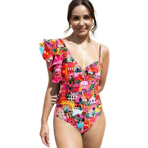 SPORLIKE Women One Piece Swimsuit Ruffle One Shoulder Bathing Suit Padded Monokini (X-Large, Castle/Pink)