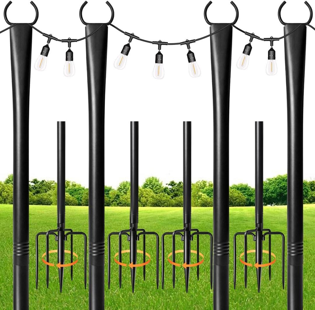MuliVid 4 Pack String Light Poles for Outdoor,Metal Light Hanging Pole Outside with Fork,Light Stand for Patio, Pergola, Garden, Backyard, Yard, Camping Party (4 Pack)