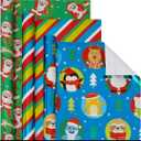 Christmas Foil Wrapping Paper with Cut Lines on Reverse 3 Rolls Pack - Dancing Santa Claus, Colorful Stripes and Assorted Christmas Characters - Holiday Wrapping Paper Bundle, 24 Inch X 144
