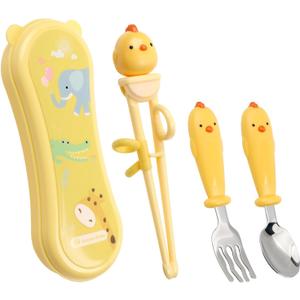 Toddler Utensils Stainless Steel Kids Silverware Set with Kids Spoons and Forks Set and Kids Chopsticks for Self Feeding Learning with Portable Case (Yellow)