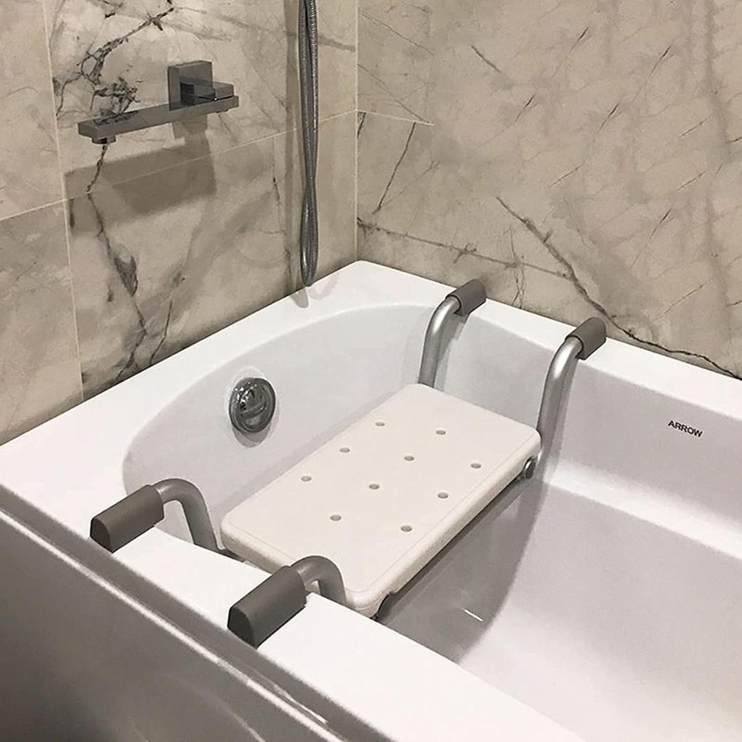 Krisy Bath Bench, Heavy Duty Shower Stool Aluminium Adjustable Length Bathroom Seat Suitable for Bathtubs with an Opening Width of 23-29 Inches, Plastic Bathtub Seat for Elderly, Upto 260Ib Weight