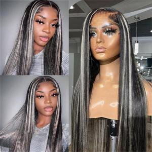 Smartinnov 13x4 Balayage Grey Lace Front Wigs Human Hair Highlight HD Transparent Lace Wigs Ombre Black with Grey Colored 22 Inch Glueless Wig Virgin Rmey Hair Pre Plucked for Women with Baby Hairs (#1B/Silver Highlight)