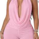 Ekaliy Women's Sexy 2 Piece Sets Club Outfits Halter Neck Backless Top Bodycon Shorts Sets Party Going Out Outfit (Large, Pink)
