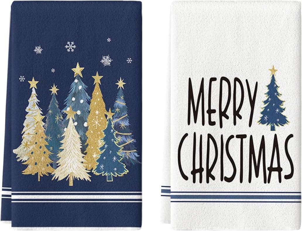 Artoid Mode Blue Xmas Tree Merry Christmas Kitchen Towels Dish Towels, 18x26 Inch Farmhouse Star Snowflakes Decoration Cleaning Set of 2