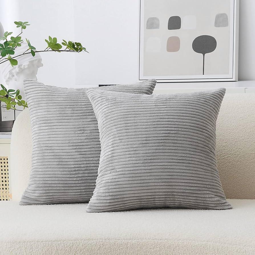 Grey Cushion Cover Striped Corduroy Cushion Cover Portectors for Bed Sofa Couch Chair Garden, Set of 2, 19x19in, Light Gray