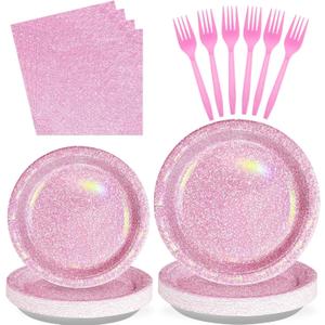 Grencian 96Pcs Pink Pastel Party Supplies Light Pink and White Plates and Napkins Tableware Set Rainbow Birthday Decorations for Girls Women Sprinkle Bride Shower Wedding Anniversary Party Serves 24