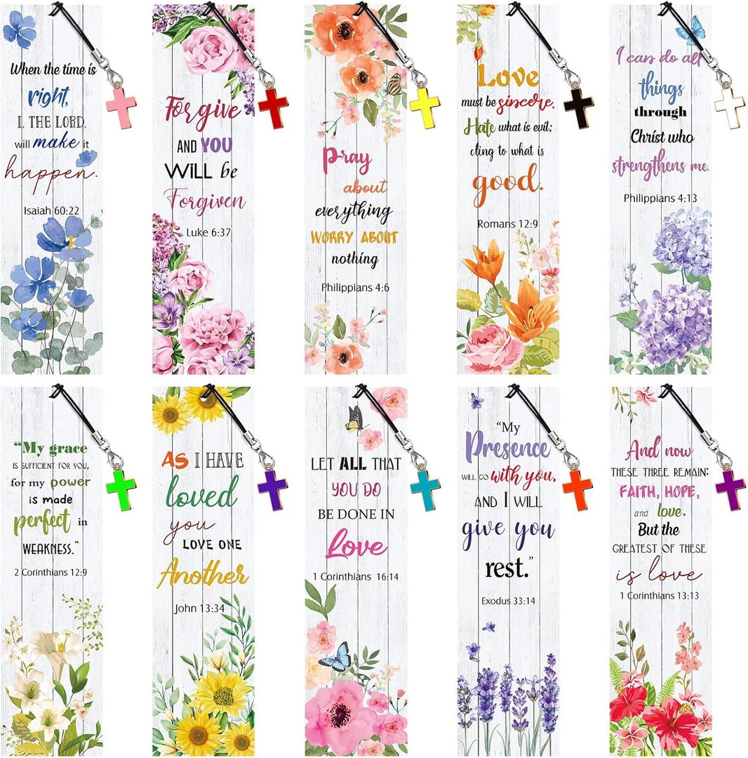 30 Pieces Christian Bookmarks Bible Verses Inspirational Scripture Bookmark Bulk Religious Positive Page Marker with Cross Pendant for Mother Day Church Gift, 2 x 7 Inch(Flower Style)