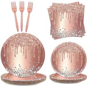 Rose Gold Party Plates and Napkins Set  Pink Birthday Decorations, Diamond Theme Supplies  Serves 24 Guests