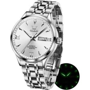 OLEVS Automatic Watches for Men Self Winding Mechanical Wristwatch Luxury Business Dress Stainless Steel Luminous Waterproof Calendar Mens Watch (Silver White)