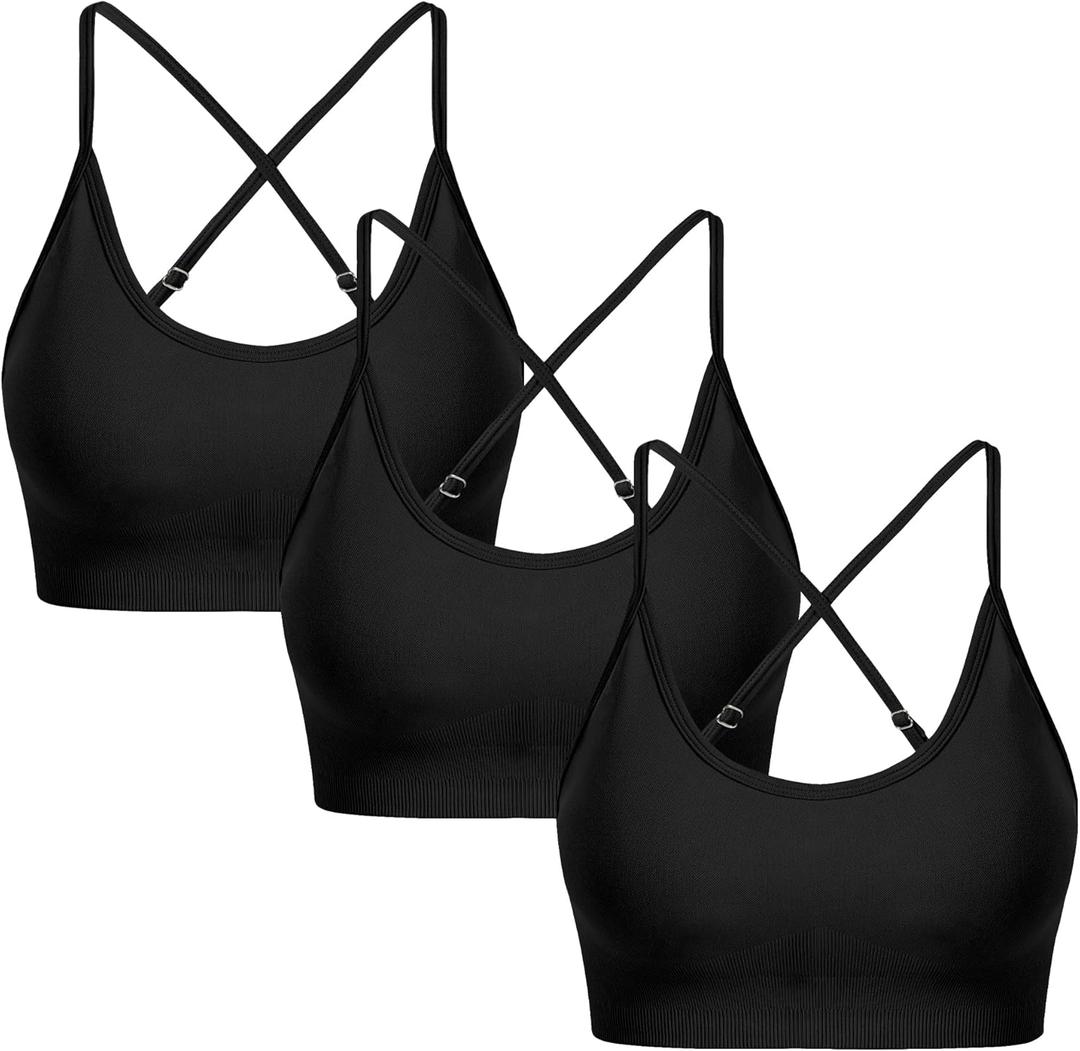 OVESPORT 3 Piece Women's Workout Sports Bras Seamless Tie-dye Strappy Gym Yoga Crop Bra (Large, Black Black Black)