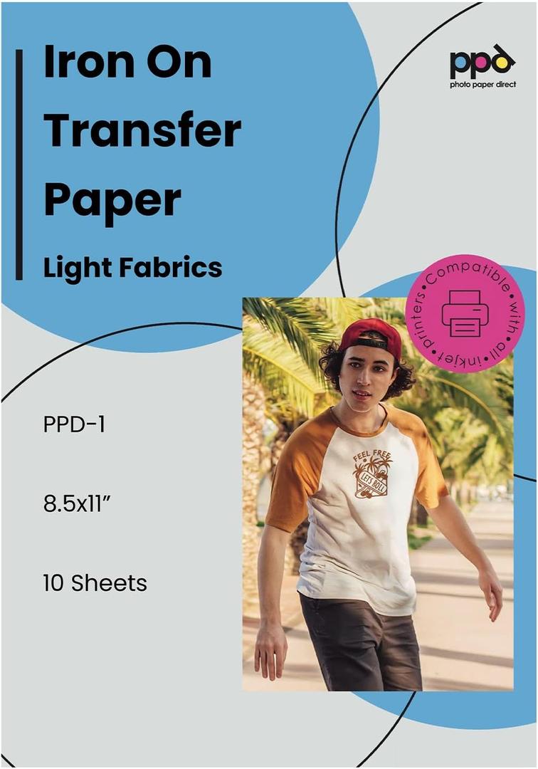PPD Inkjet Premium Iron-On White and Light Color T Shirt Transfers Paper LTR 8.5x11 Pack of 10 Sheets (PPD001-10)