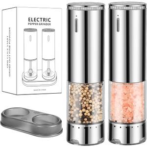 Rechargeable Salt & Pepper Grinder Set - Electric Automatic Grinder, Adjustable Coarseness, LED Light, One-Hand Operation, Stainless Steel & Acrylic, USB Charging, Black (Set of 2)