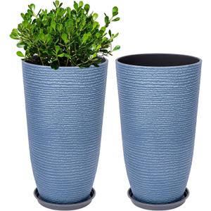 QCQHDU Set of 2 9 Gallon Tall Large planters for Outdoor/Indoor Plants of 12" Dia x 21" H Round Flower Pots Set Faux Stone Finish Front Door Patio Square Porch Planters with Tray, Sky Blue, 21in