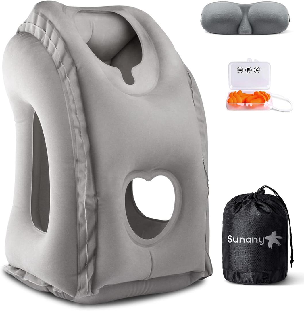 Sunany Travel Pillow, Inflatable Neck Pillow Used for Airplanes/Cars/Buses/Trains/Office Napping with Eye Mask/Earplugs (Gray) (Medium, Grey)