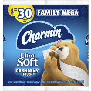Charmin Ultra Soft Cushiony Touch Toilet Paper, 6 Family Mega Rolls = 30 Regular Rolls (Prime Pantry, Family Mega)