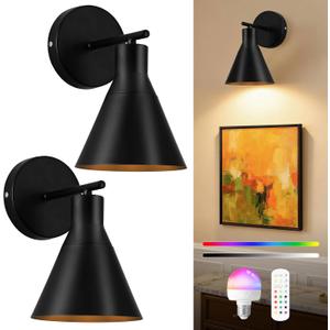 Modern Wireless Battery Operated Wall Sconces, Black Rechargeable Cordless LED Wall Lights Set of Two, Dimmable Battery Powered Wall Decor Lamp Fixture with Remote Control for Bedroom Indoor