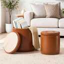 Royal Windsor Round Ottoman with Storage Set of 2, Faux Leather Button Tufted Vanity Stool, Storage Ottoman Coffee Table, Small Leather Foot Rest Stool for Living Room, Bedroom, Brown, 14.8"D x 14.8"W x 17.3"H
